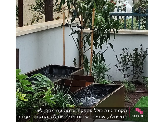 עציצים עם צמחים, מערכת השקיה וטפטפות בגינה